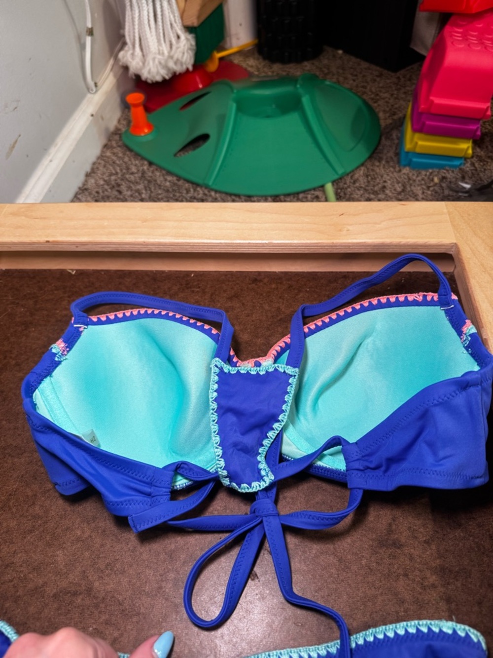 Shade and Shore Blue Two-Piece Bikini with Decorative orange and teal trim - Picture 6 of 7